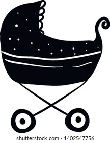 A dark black silhouette of a baby stroller with white stroller on it , vector, color drawing or illustration.