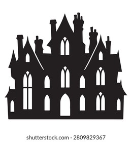 A dark black silhouette graphic of an old spooky haunted mansion or gothic castle, perfect for Halloween decorations, icons, and creative projects.