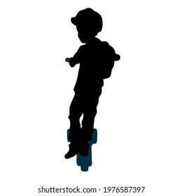 Dark black silhouette of a little boy in helmet with scooter back view, isolated on white background.