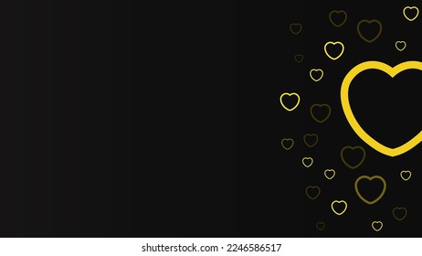 Dark black simple modern background with a lot of contrast love heart icon in gradient yellow, available copy space area, suitable for happy valentine day promo, quote, presentation, sale, celebration