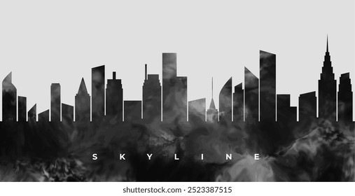 dark black skyline cityscape building with smoke effect vector