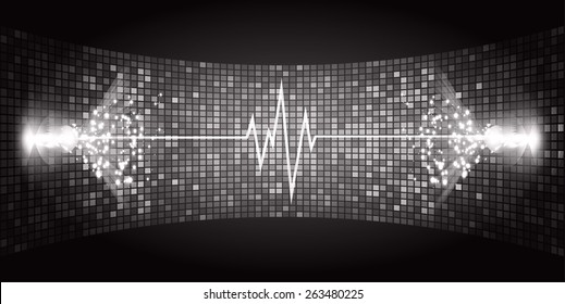 Dark black Sound wave background suitable as a backdrop for music, technology and sound projects. Blue Heart pulse monitor with signal. Heart beat.