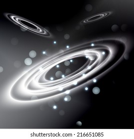 Dark black sparkling background with stars in the sky and blurry lights, illustration.  Abstract, Universe, Galaxies, ring.