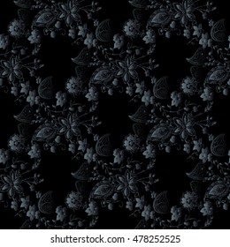 Dark black stylish  floral vector seamless pattern wallpaper illustration background  with vintage  decorative royal  black Paisley  flowers and ornaments  in Victorian style. Luxury endless texture