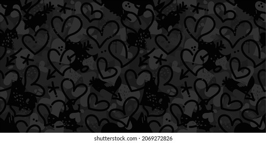 Dark Black Texture Camouflage With Hearts Seamless Pattern Background Vector Illustration Art