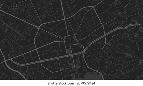 Dark black Tirana City area vector background map, streets and water cartography illustration. Widescreen proportion, digital flat design streetmap.