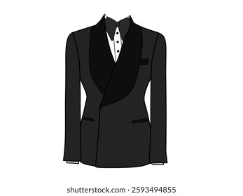 Dark black tuxedo and bow with a white background. Men's formal wear fashion theme for a formal occasion.