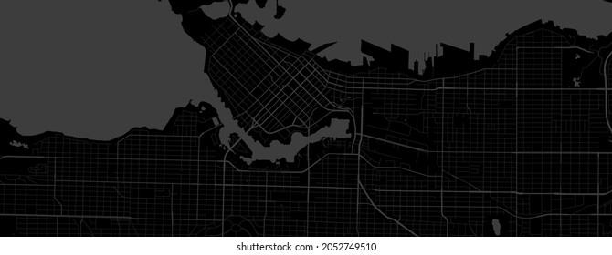 Dark black Vancouver city area horizontal vector background map, streets and water cartography illustration. Widescreen proportion, digital flat design streetmap.