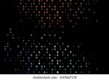 Dark Black vector background with cards signs. Illustration with set of hearts, spades, clubs, diamonds. Template for business cards of casinos.