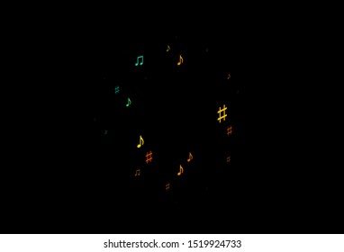 Dark Black vector background with music symbols. Shining illustration of colorful gradient music notes. Template for fasion magazines.