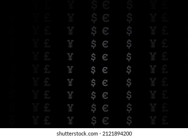 Dark black vector cover with EUR, USD, GBP, JPY. Shining colored illustration with dollar, USD, usa signs. The pattern can be used as ads, poster, banner for payments.