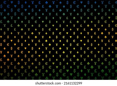 Dark black vector cover with symbols of gamble. Blurred decorative design of hearts, spades, clubs, diamonds. Pattern for leaflets of poker games, events.