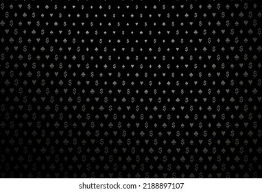 Dark black vector cover with symbols of gamble. Colorful gradient with signs of hearts, spades, clubs, diamonds. Pattern for booklets, leaflets of gambling houses.