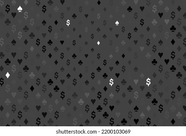 Dark black vector cover with symbols of gamble. Blurred decorative design of hearts, spades, clubs, diamonds. Template for business cards of casinos.