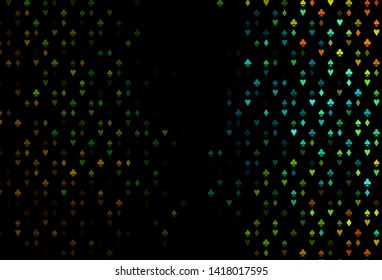 Dark Black vector pattern with symbol of cards. Illustration with set of hearts, spades, clubs, diamonds. Design for ad, poster, banner of gambling websites.