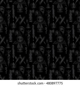 Dark black Vector  seamless pattern background wallpaper illustration with esoteric magic symbols and all-seeing eye