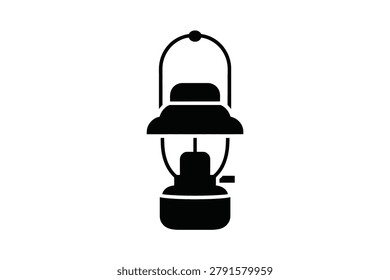 A dark black vector silhouette of an old-fashioned camping lantern. This rustic outdoor lighting icon is presented on a clean white background ideal for adventure and survival designs.