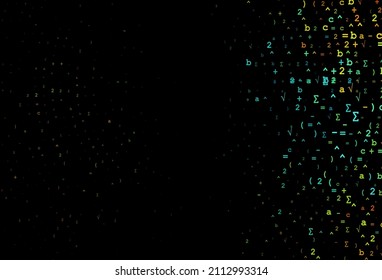 Plantilla de vector negro oscuro con símbolos matemáticos. Ilustración colorida brillante con signos de Dígito aislados. Mejor diseño para tu colegio de matemáticas.
