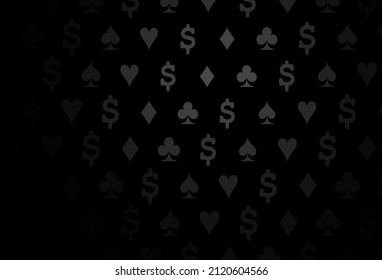 Dark black vector template with poker symbols. Glitter abstract sketch with isolated symbols of playing cards. Pattern for booklets, leaflets of gambling houses.