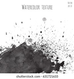 Dark black vector watercolor hand painted texture background isolated on white. Abstract acrylic dry brush splash, strokes, stains, spots, blots. Creative grunge illustration, drawing.