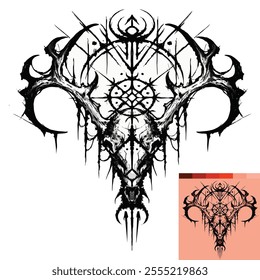 A dark, black and white tattoo symmetrical design of a deer skull entwined with spiked antlers and arcane symbols, evoking a sinister and ritualistic aura.