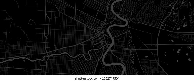 Dark black Winnipeg city area horizontal vector background map, streets and water cartography illustration. Widescreen proportion, digital flat design streetmap.