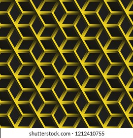 Dark black and yellow Geometric grid hexagonal pattern. Modern dark abstract seamless vector background texture. Carbon fiber.