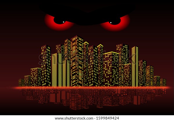Dark\
bloody cityscape with lights and horror red eyes on the night sky.\
Creepy illustration with cursed city in danger. Vector Dramatic Sin\
City Banner Design Template. Apocalypse\
concept.