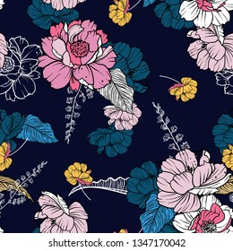 Dark blooming flower night and foliage seamless pattern vector in hand drawn style for fashion fabric and all prints on line and navy blue background color 