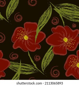 dark blooming flowers Realistic isolated seamless floral pattern on dark background. Hand drawn wallpaper botanical print. vector illustration.