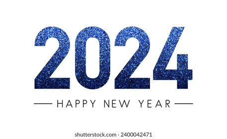 Dark blue 2024 Happy New Year glittering lettering sign. Art banner, poster template, flyer design. Vector Illustration.