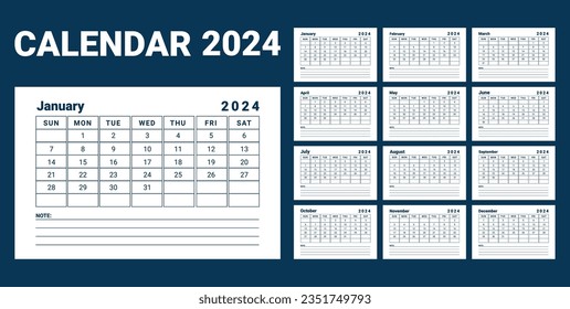 Dark blue 2024 table calendar design vector template