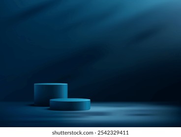 Dark blue 3D podium with cylindrical shapes on a dark surface, illuminated by soft light. Product display, mockup, or showcase in elegant, modern designs