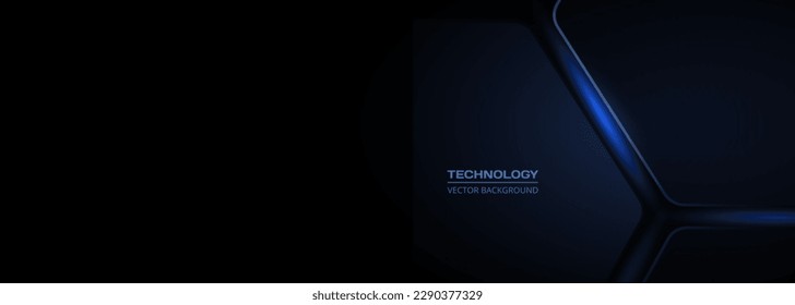 Dark blue 3D vector hexagonal technology abstract background. Abstract modern technology futuristic wide banner with black 3D honeycomb shapes. Vector illustration