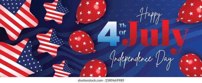 Dark blue 4th of July independence day banner with American flag balloons, patriotic elements, and festive USA celebration theme