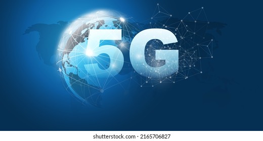 Dark Blue 5G Network Label With Earth Globe And World Map - Background High Speed Broadband Mobile Telecommunication And Wireless Internet Design, New Cutting Edge Global Mobile Technology Concept