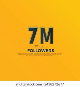 Azul oscuro 7M aislado sobre fondo amarillo anaranjado Gracias seguidores personas, grupo social en línea 7M, 8M seguidores celebración plantilla diseño 
