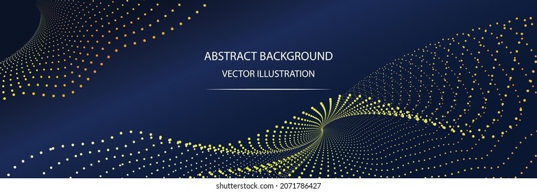Dark blue abstract background banner with yellow flowing wavy dotted lines design. Vector illustration.