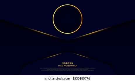Dark blue abstract background black overlay layers. Golden circle and shiny line and gold glitter dots element on luxury background vector.