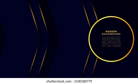 Dark blue abstract background black overlay layers. Golden circle and shiny line and gold glitter dots element on luxury background vector.