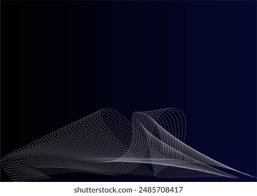 Dark blue abstract background with bundles of thin 50% opaque white lines creating abstract, wave-like shapes, an image of dynamism, energy.