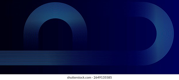 Dark blue abstract background with curved, parallel gradient lines forming semi-circular and U-shaped patterns. Futuristic, minimal tech design. Vector illustration eps10. Modern concept. 
