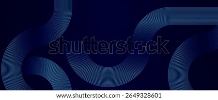 Dark blue abstract background with curved neon blue lines. Futuristic tech style with flowing rounded paths and striped gradients, ideal for digital banners, presentations, or websites. Vector EPS10.