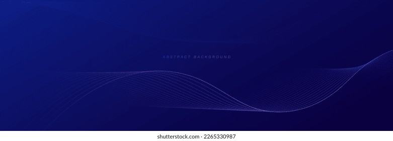 Dark blue abstract background with dots particle wave lines. Dynamic particles smooth wave flowing. Modern moving lines. Futuristic technology concept. Horizontal banner template. Vector illustration