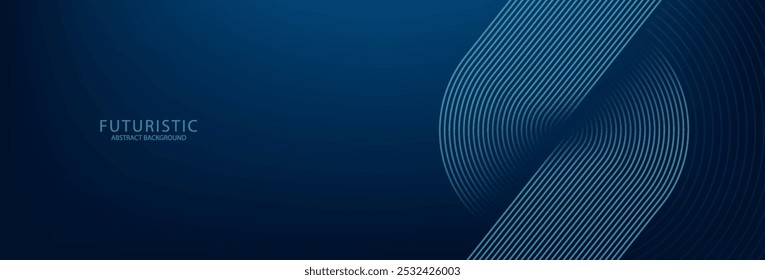 Fundo abstrato azul escuro com linhas de círculo brilhante e padrão de linhas arredondadas diagonais azul brilhante moderno, projeto de arte de linha de faixa geométrica Ideal para projetos de conceito de tecnologia futurista