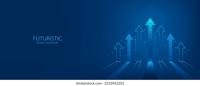 Dark Blue Abstract Background Featuring Business Arrow Up Growth Investment Technology, Illustrating Trade Increase to Success with Financial Data Graph Strategy, Perfect for Banners, Covers, Posters