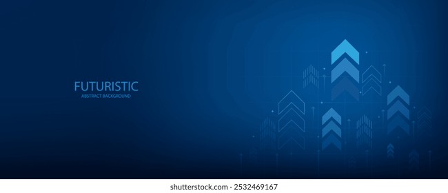 Dark Blue Abstract Background Featuring Business Arrow Up Growth Investment Technology, Illustrating Trade Increase to Success with Financial Data Graph Strategy, Perfect for Banners, Covers, Posters