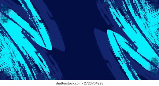 Fondo abstracto azul oscuro con pinceladas expresivas de pintura roja y cian con texturas de puntos semitonos y una estética de estilo urbano