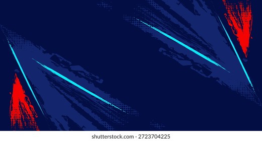Fondo abstracto azul oscuro con pinceladas expresivas de pintura roja y cian con texturas de puntos semitonos y una estética de estilo urbano