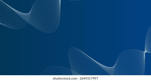 Dark blue abstract background with flowing white wave lines. Elegant tech-inspired design.
